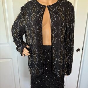 VINTAGE autumn leaves 🍁 semi sheer silk Black and Gold Beaded Jacket M